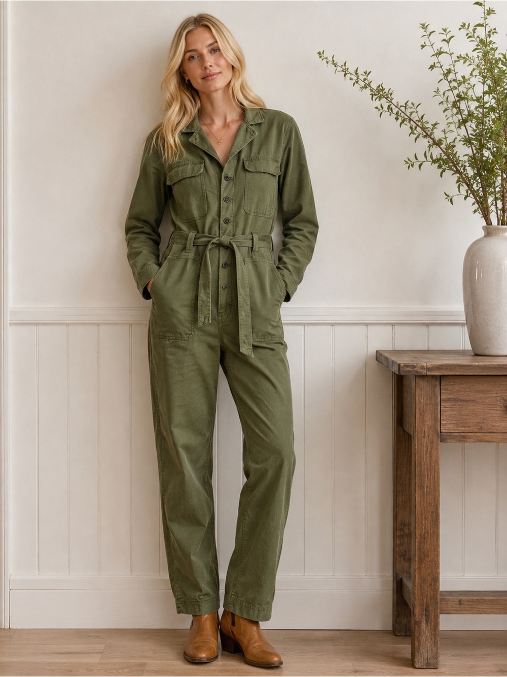 Alex Mill Olive Green Utility Jumpsuit with Self Tie Waist